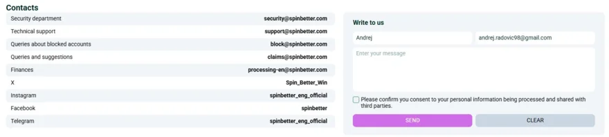 SpinBetter contacts page showing department email addresses, social media handles and the write to us contact form