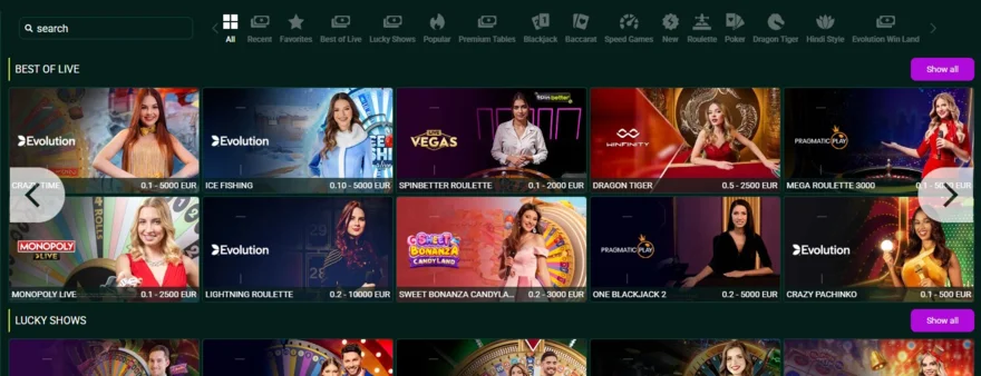 SpinBetter live casino lobby showing Crazy Time, Ice Fishing and Monopoly Live with EUR bet limits