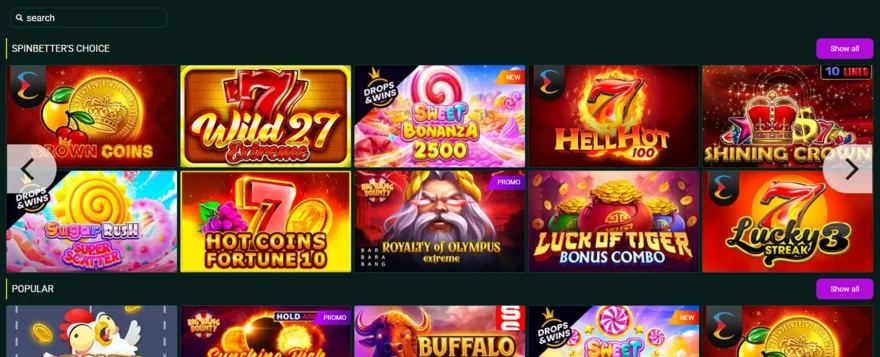 SpinBetter slots lobby showing the search bar above the SpinBetter's Choice and Popular game rows
