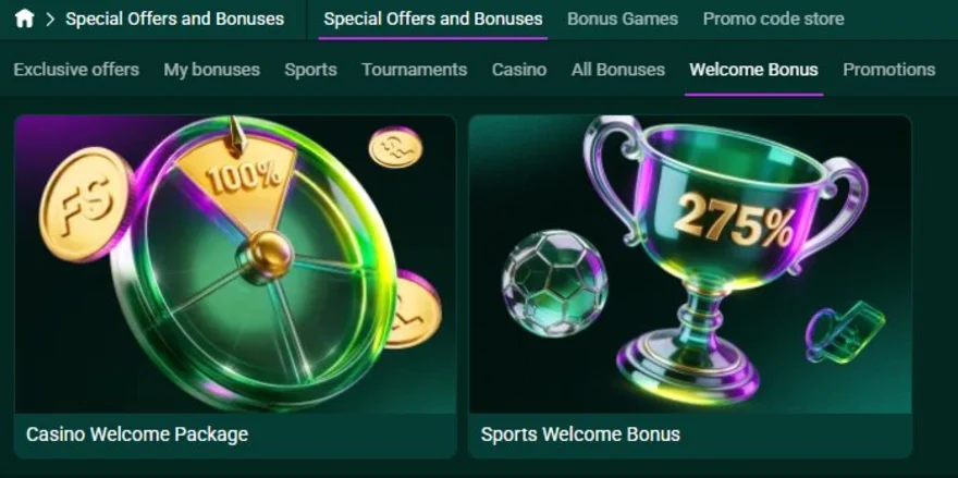 SpinBetter welcome bonus page showing the Casino Welcome Package and Sports Welcome Bonus cards with 100% and 275% graphics